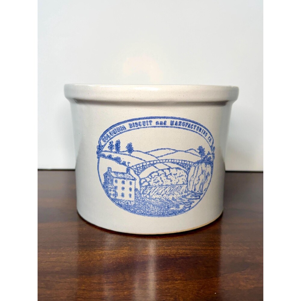 Vintage 1950s Columbia Biscuit & Mfg Co Blue Advertising Crock Stoneware | No Li